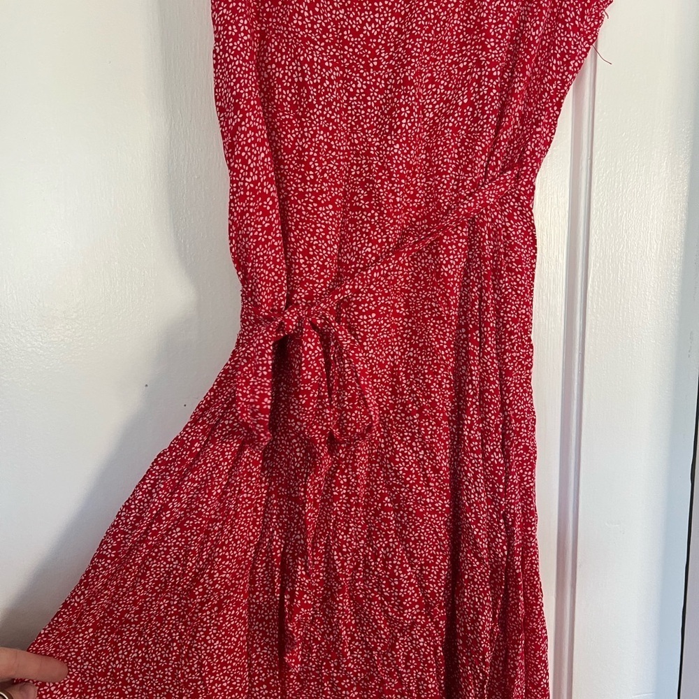 Red Floral Wrap Midi Dress Cottagecore Ruffle Sleeve Summer Size L/ M - Picture 8 of 10